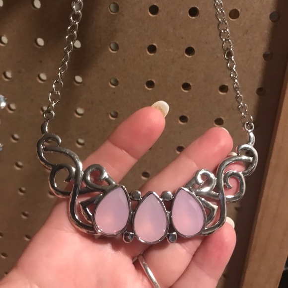 Silver mini statement necklace with medium pink moonstones.